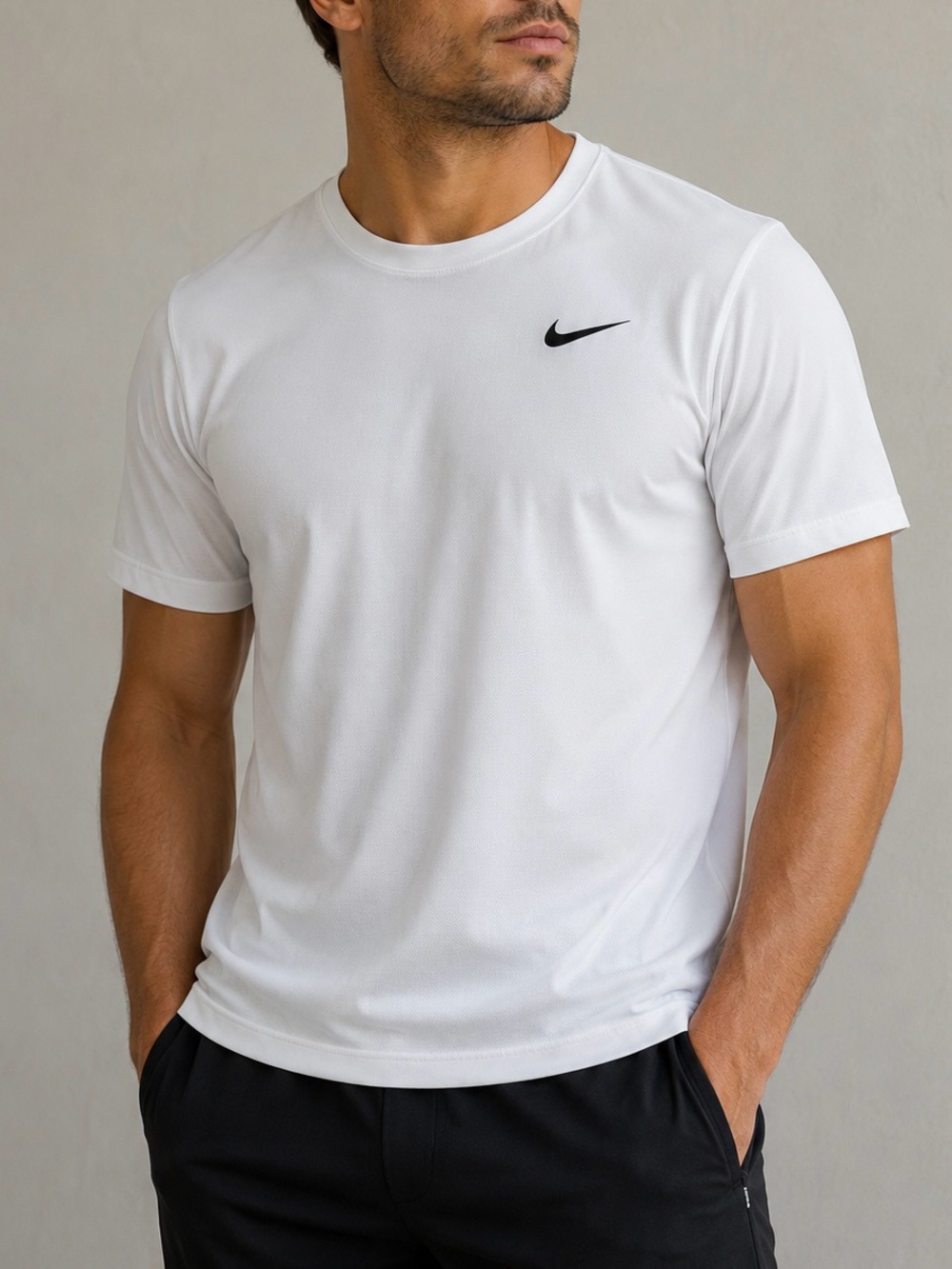 Nike White T-Short Dri-FIT Crew Tee with Black Swoosh Size L